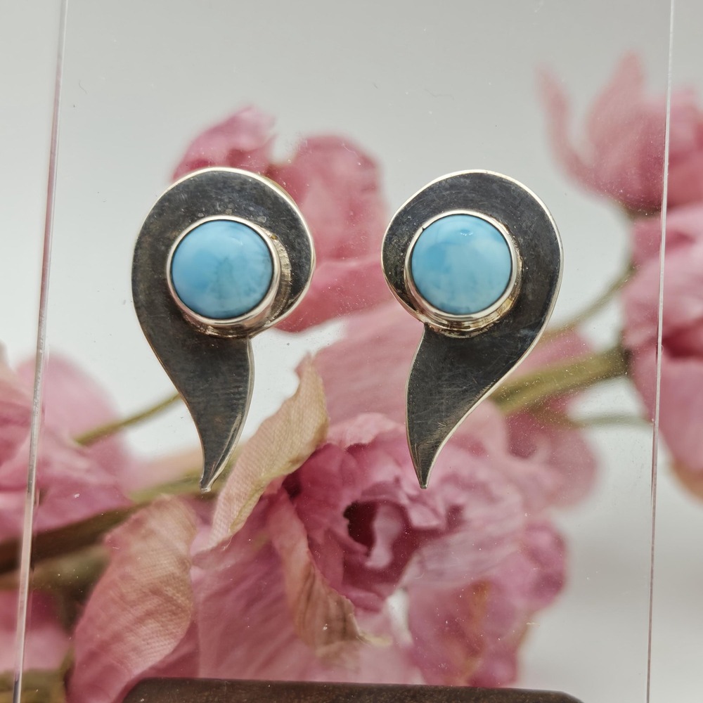 Handmade Larimar Sterling Silver Earrings Women OS Blue Curvy Southwestern Boho